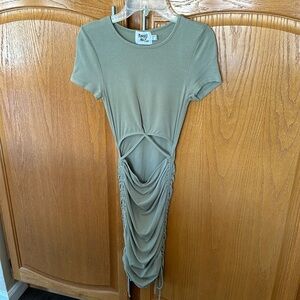Princess Polly Sage Green cinch dress on the side with ties. Open Front Middle